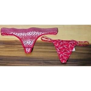 NWT Victoria's Secret Glitter Logo Flocked Heart Mesh Thong & Cotton V-String -S